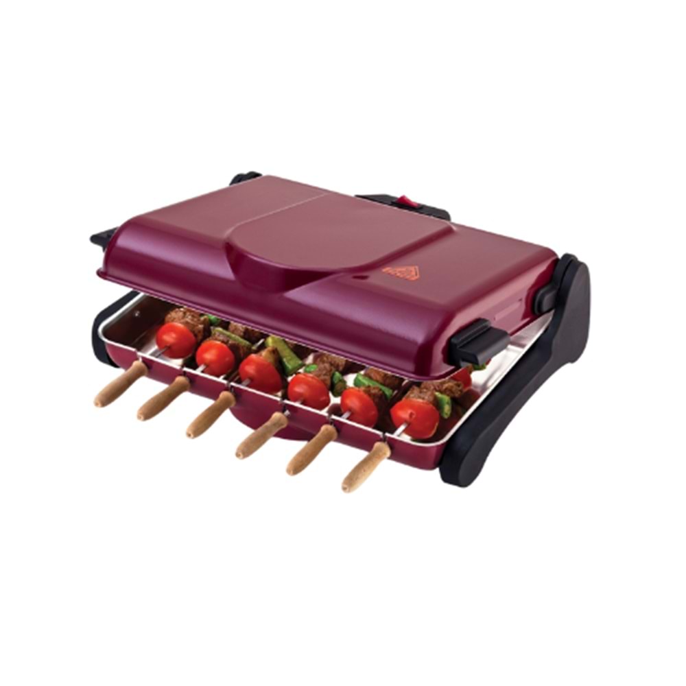 AB670 1200W Kırmızı Elektrikli Izgara, Kokusuz & Dumansız Mangal, Barbekü, 6 Adet Krom-Nikel Kaplama Şiş