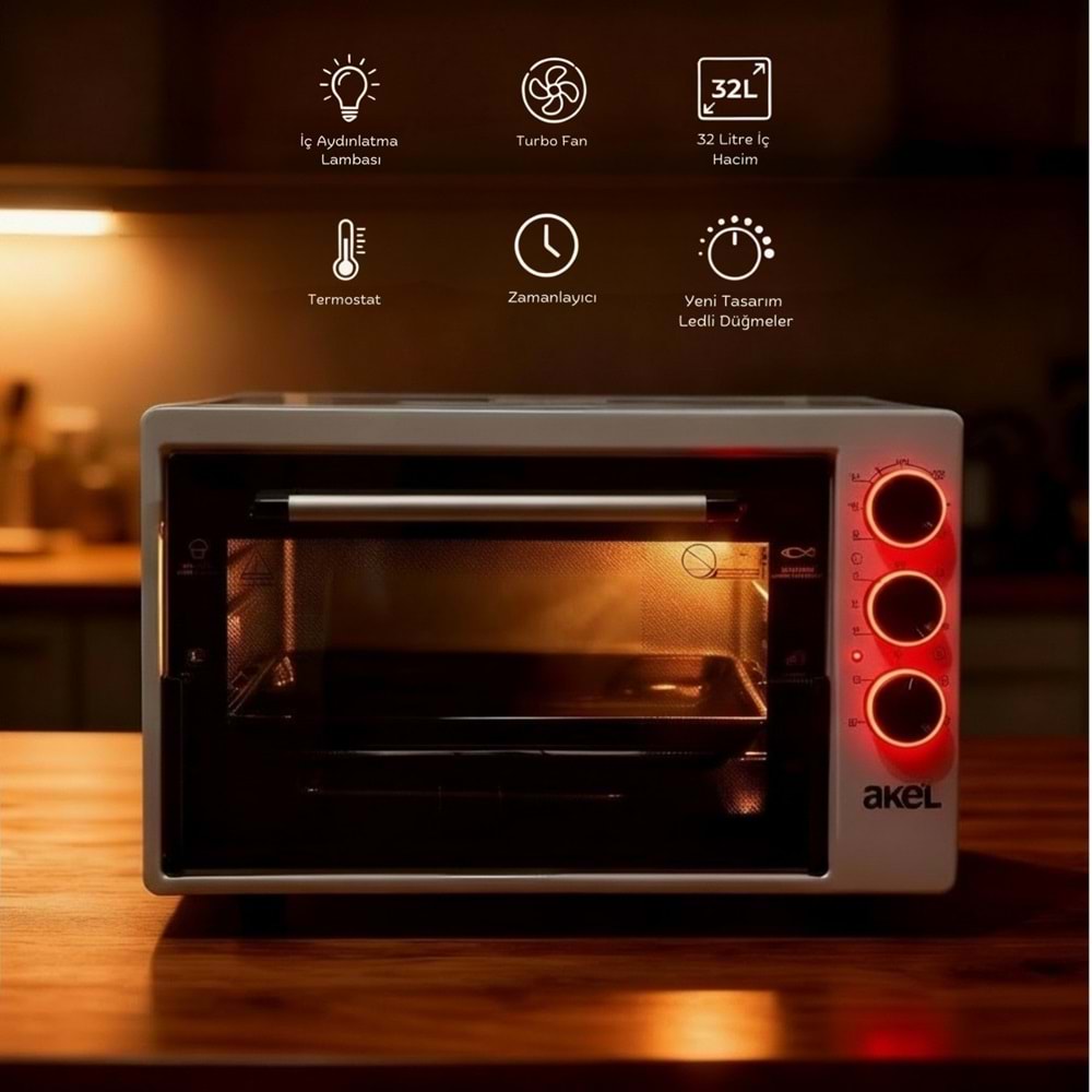 AF280LF Kırmızı Led Düğmeli 32 Lt Beyaz Midi Fırın, Led Düğmeli, İç Aydınlatmalı, Turbo Fanlı, Zaman ve Isı Ayarlı, 2 Tepsi