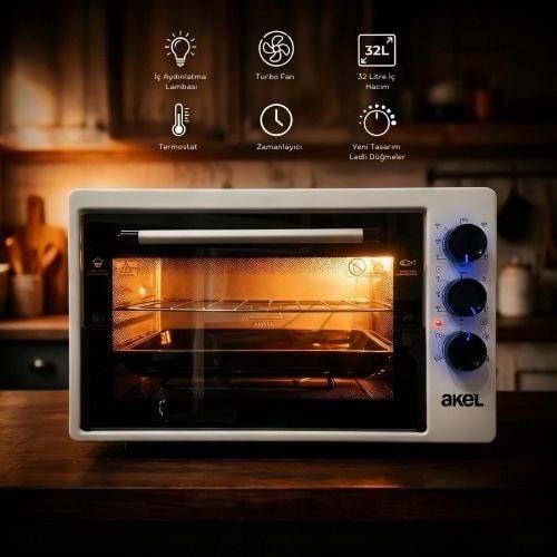 AF280LF 32 Litre Beyaz Midi Fırın, Mavi Led Düğme, İç Aydınlatma, Turbo Fan, Zaman & Isı Ayarı